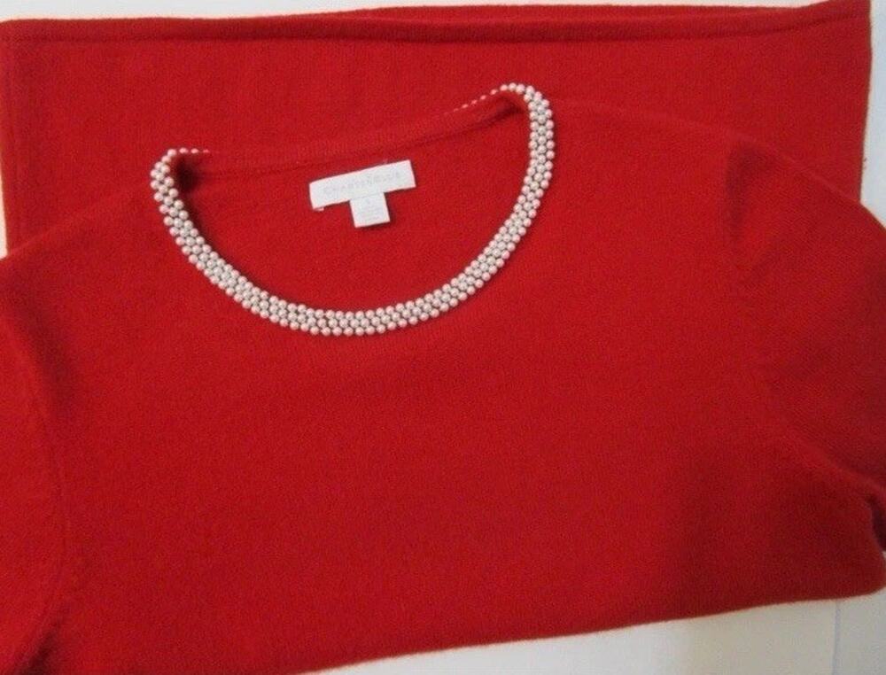 Charter Club Cashmere Sweater- Small Red, Faux Pearl Trim, Preppy Valentines Day
